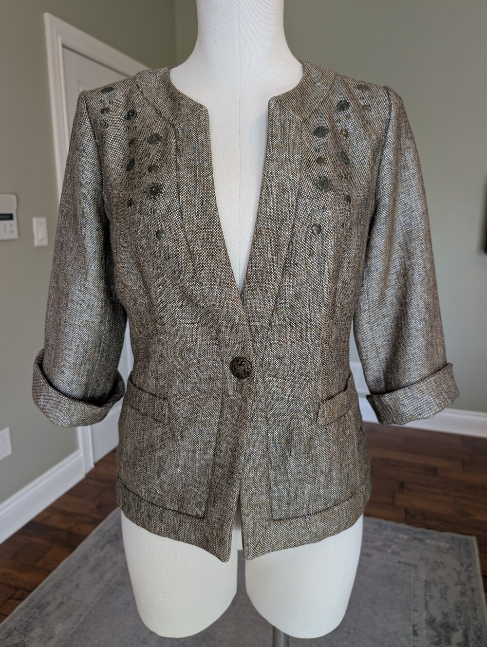 Coldwater Creek Embellished Textured Blazer Jacket Gray Size 4 XS